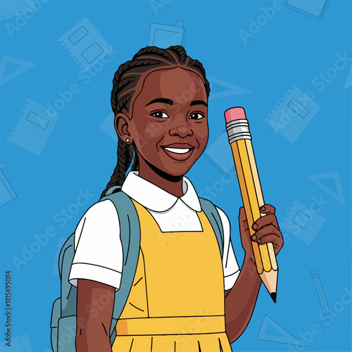 Smiling African American Schoolgirl with a Pencil, Backpack, and Education Theme
