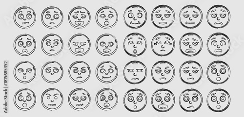 Set of 32 hand drawn grunge style emotion face icons with various facial expressions