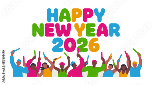A Joyous Start: A diverse group of people is exuberantly celebrating the New Year 2026, holding up colorful lights in a scene of unity and anticipation.