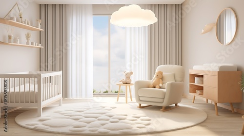 Serene nursery design with soft tones and cloud lighting creates a calming, dreamy space for baby and inspires restful sleep for new parents