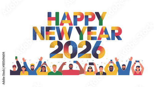 New Year's Celebration 2026: The image embodies the cheerful spirit of a diverse group celebrating the start of the New Year, raising their hands in joyful anticipation of 2026.