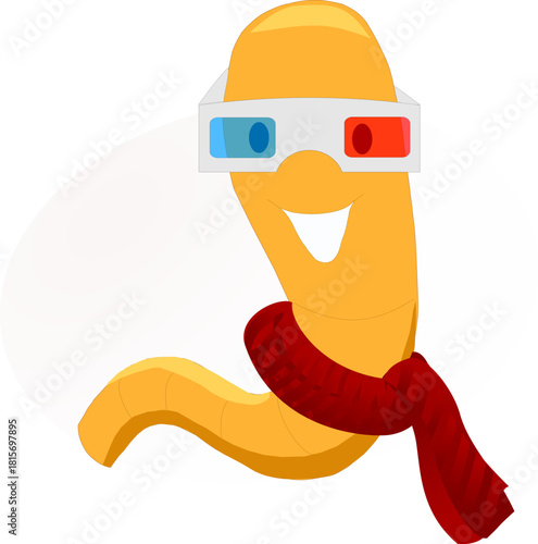 Cinema Worm with 3D Glasses – Funny Movie Character Vector Illustration