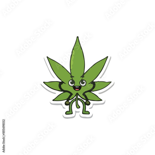 Cartoon illustration of a cheerful green marijuana leaf character with eyes, mouth, arms, and legs, isolated on a white background.