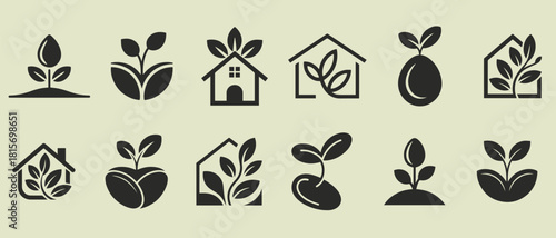 Collection of black and white plant growth icons and symbols representing nature and sustainability