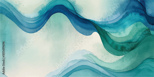 Abstract watercolor painting with flowing blue and green waves creating a serene and calming background perfect for graphic design