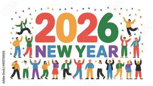 Celebration of the New Year 2026: A vibrant and joyful illustration of people from diverse backgrounds celebrating the arrival of the year 2026, filled with anticipation and festive cheer.