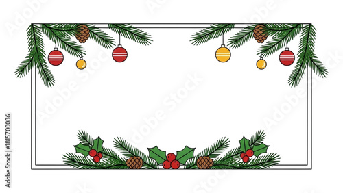Festive Frame with Evergreen Branches and Holly for Christmas Design