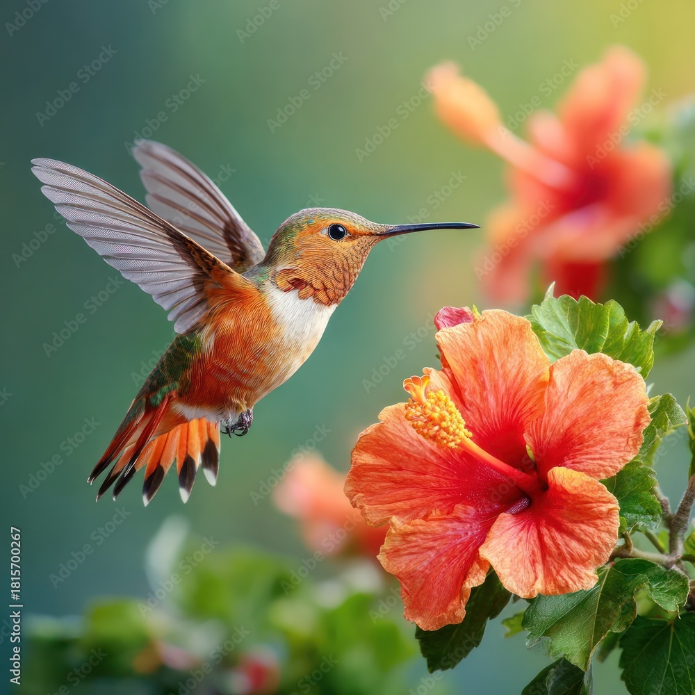Obraz premium Hummingbird feeding from an orange hibiscus flower