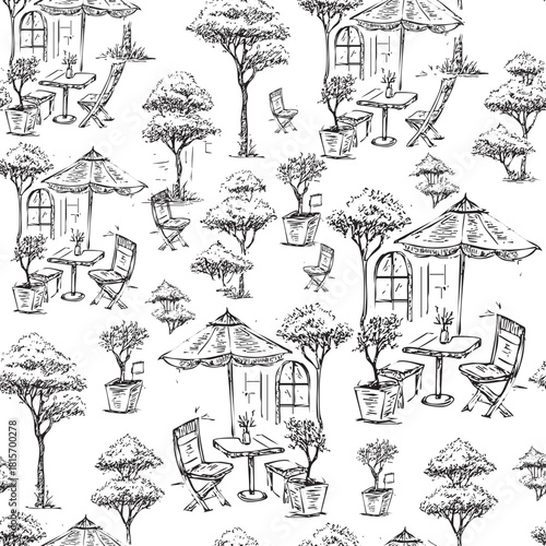 seamless-hand-drawn-pattern-outdoor-street-cafe-bistro-furniture-sketch-umbrellas-chairs-and-potted-plants-black-ink-doodle-texture-background-design