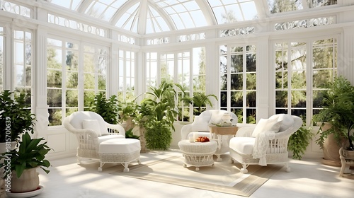 Relax in this sun-drenched conservatory surrounded by lush plants and calming natural light, perfect for a tranquil escape or sophisticated interior design