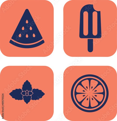 Fresh and Cool Summer Icons Watermelon slice, Ice pop, Mint leaves, and Orange slice illustration icons for a refreshing feel