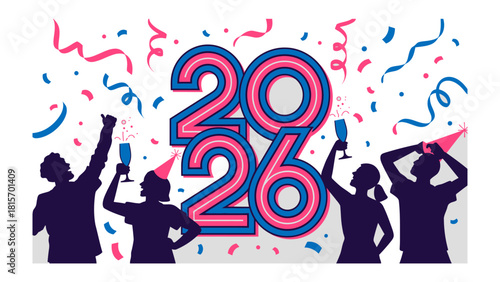 New Year Celebration 2026: An illustration of a lively New Year's celebration with silhouettes of people raising glasses against a backdrop of colorful confetti and the bold numbers 2026.