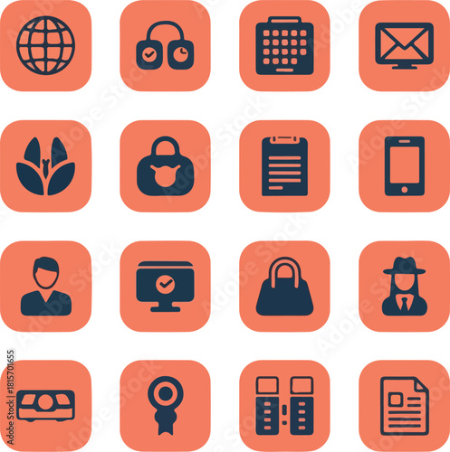 Collection of business symbols representing communication, organization, and security in a modern, minimalist style.