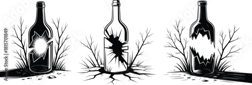 Broken Bottle Shatter Illustration Set.