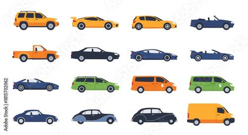 Collection of Various Car Illustrations Sedans, Sports Cars, SUVs, and More, in a Vector Set