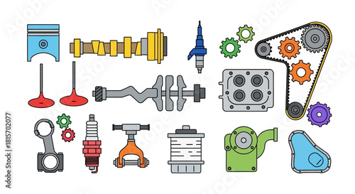 A collection of colorful flat line icons representing various car engine parts and components for automotive service and repair concepts