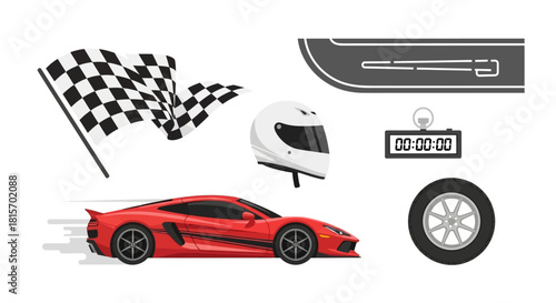 Vector set of essential racing elements a fast red sports car, checkered flag, helmet, track, tire, and timer, capturing the thrill of speed and competition