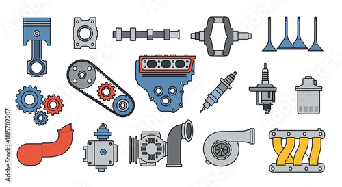 Collection of automotive engine components and motor vehicle parts, isolated icon set for mechanical service and repair concepts