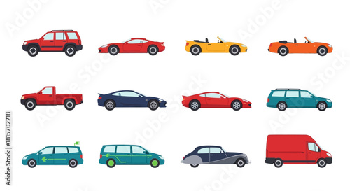 Assortment of Various Car Types in a Vector Illustration, Perfect for Transportation and Design