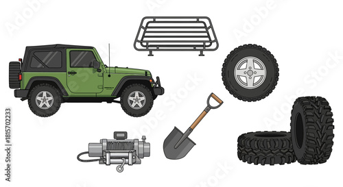 Collection of off-road vehicle accessories and spare parts for adventure