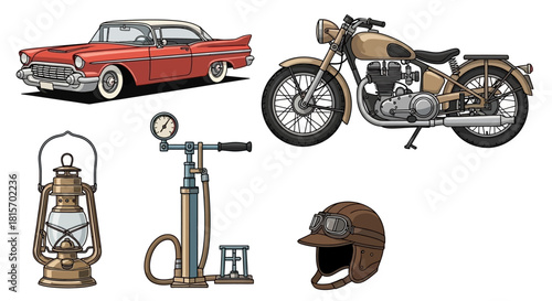 Retro road trip collection classic car, vintage motorcycle, old lantern, hand pump, and rider's helmet for travel and adventure-themed designs