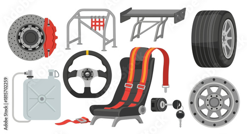 Collection of specialized racing car components and accessories, featuring high-performance automotive parts like brake discs, racing seat, and steering wheel, for motorsport