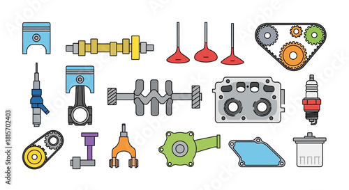 Vibrant collection of essential car engine parts and automotive components, perfect for vehicle repair and maintenance illustrations and mechanical diagrams