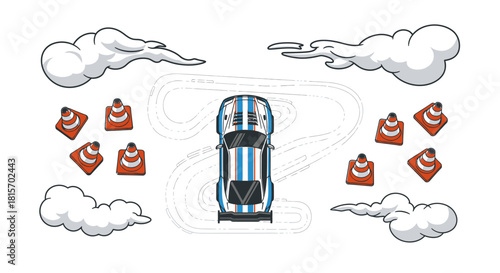 Race Car Circuit Design Illustration with Cones and Clouds High-Speed Racing Concept
