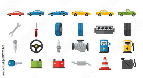 Collection of flat design icons representing automotive parts, car components, and vehicle maintenance tools for digital and print media