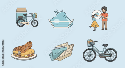 A charming set of vector line art icons depicting simple pleasures of urban life, including bicycle delivery, fresh sandwiches, and coffee sharing