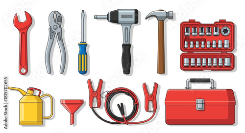 Comprehensive Collection of Essential Hand and Power Tools for Home Improvement, Automotive Maintenance, and DIY Projects, Featuring Wrenches, Pliers, Screwdrivers, and a Toolbox