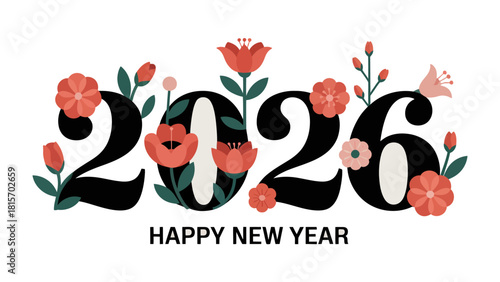 Floral 2026 New Year: An artistic display, the numerals 2026 are adorned with vibrant floral elements, forming a stylish greeting for the New Year, conveying hope and beauty.