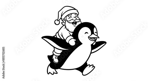 Santa Claus joyfully riding a penguin, a whimsical illustration for the holiday season.
