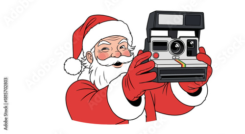 Santa Claus, wearing a red suit and hat, holds a vintage instant camera, smiling at the viewer.