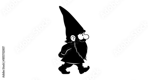 Silhouette of a gnome walking with a pointed hat and beard, cartoon style.