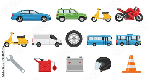 Collection of transport vehicles, car, scooter, motorcycle, van, wheel, bus, wrench, helmet and traffic cone icons