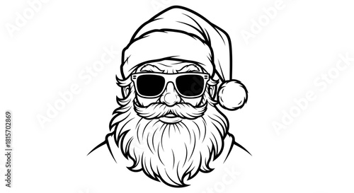 Black and white graphic illustration of a cool Santa Claus wearing sunglasses with his traditional hat and beard.