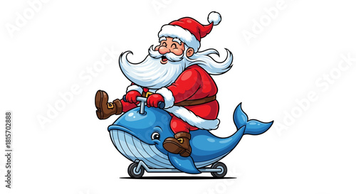 Santa Claus riding a blue whale scooter, cartoon illustration for Christmas.