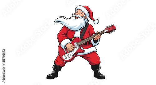 Santa Claus in a red suit and hat, with a long white beard, playing a red electric guitar in a rock and roll pose.
