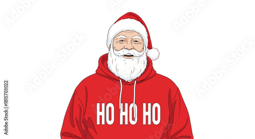 Illustration of Santa Claus wearing a red hoodie with 'HO HO HO' text and a classic Santa hat, on a white background.