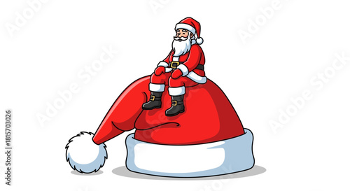 Cartoon Santa Claus character sitting on top of a giant red and white Christmas hat.