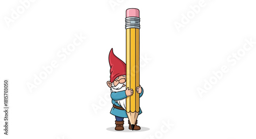 A small cartoon garden gnome with a red hat and white beard holding a giant yellow pencil against a white background.