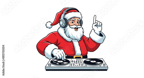 Cartoon illustration of Santa Claus wearing headphones and mixing music on a DJ turntable, pointing a finger up.