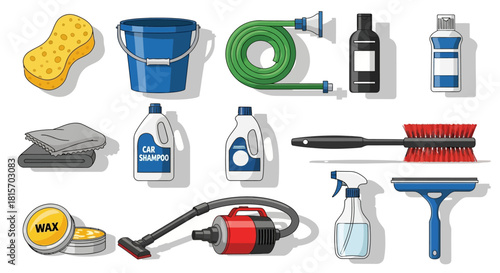 A comprehensive collection of car wash and auto detailing equipment, including shampoo, wax, a vacuum, and various brushes, isolated on a white background