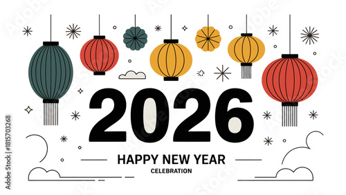 A Festive Glance to 2026: The New Year's Greeting-Festive lanterns in vibrant hues of red, yellow, and green dance joyfully to wish a joyous and Happy New Year 2026!