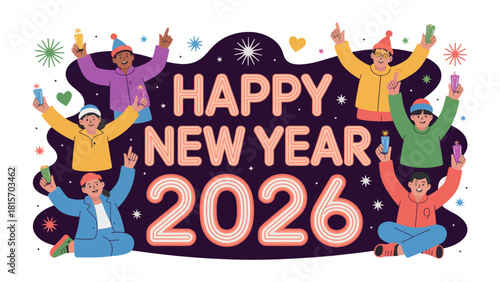 New Year's Celebration: A festive illustration of diverse individuals joyfully celebrating the new year. Capturing the spirit of hope and anticipation for the future.