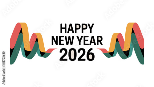 Happy New Year 2026 Celebration: A vibrant Happy New Year greeting, a symbol of hope and fresh beginnings, accompanied by a dynamic flowing ribbon design to evoke a sense of movement and celebration.