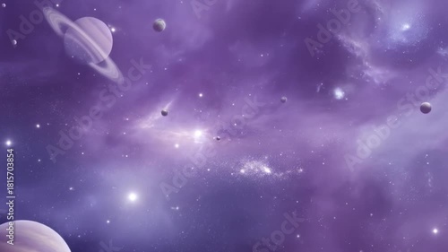 Cosmic scene with planets and nebulae in a swirling purple sky