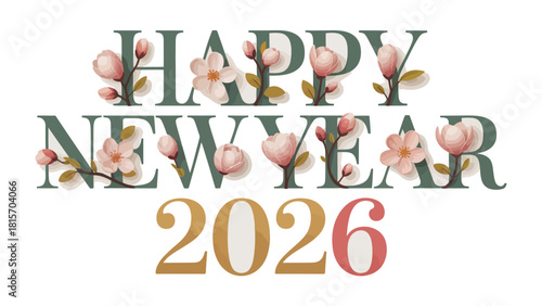 Festive New Year 2026: Elegant floral adornments enhance a stylish text-based greeting, setting a mood of celebration and anticipation for the approaching year.