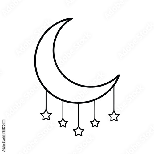 Crescent Moon with Hanging Stars Outline - Night Sky & Celestial Decor